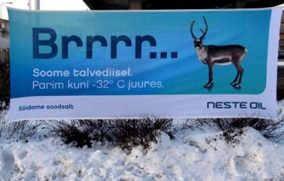  A banner seen in front of a Neste gas station in Tallinn this week. The smaller print reads: Finnish winter diesel. The best up to -32° C. And on the bottom left: "Sõidame soodsalt", Let's drive profitably, i.e. for less. ("Soodne" = advantageous, favourable, profitable. "Soodne hind" is a good price. ) Diesel vehicle drivers are living on the edge here, since -32° is precisely the forecast low for most nights in Eesti for the first week of February. Photo: Riina Kindlam - pics/2012/02/35046_001_t.jpg
