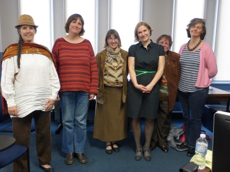 Foto from left:  a researcher on indigenous women (name unknown),  Dr. Ekaterina Neklyudova, post-doctural fellow at the McMaster Library Archives,  Dr. Magda Stroinska, Chair, Dept. of Languages and Linguistics, McMaster U.,  Dr. Leena Kurvet-Käosaar,  Dr. Victoria Cecchetto, Professor of Italian and Linguistics, McMaster U.,  Elizabeth Delaney, an undergraduate student who is editing a publication which Drs. Stroinska, Kurvet-Käosaar and Cecchetto are working on. Photo: Merike Koger. - pics/2014/06/42409_001.jpg