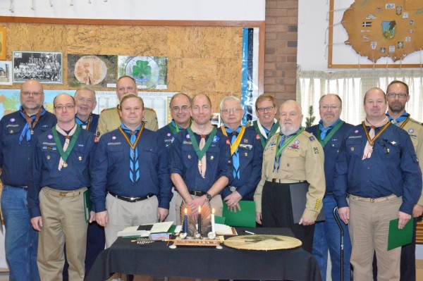 Recipients of Scouts Canada Outstanding Recognition Awards from Kalev and Lembitu scout groups. Left to right: nskm. Arnold Tralla, nskm. Endel Mell, skm. Jaan Saun, nskm. Tarmo Remmel, nskm. Alrek Meipoom, skm. Enno Agur, nskm. Peter Türk, skm. Ants Evard, skm. Toomas Kütti, skm. Asko Kütti (50 year appreciation award), nskm. Peter Jeeger, nskm. Mikk Jõgi and nskm. Robert Kivi. Photo: Lembitu Malev - pics/2014/11/43639_011_t.jpg