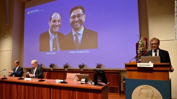 Nobeli füsioloogia- või meditsiinikomitee liige Patrik Ernfors (paremal) seisab ekraani kõrval, kus kuvatakse 2021. aasta Nobeli preemia laureaadid David Julius ja Ardem Patapoutian. - pics/2021/10/58658_001_t.jpg