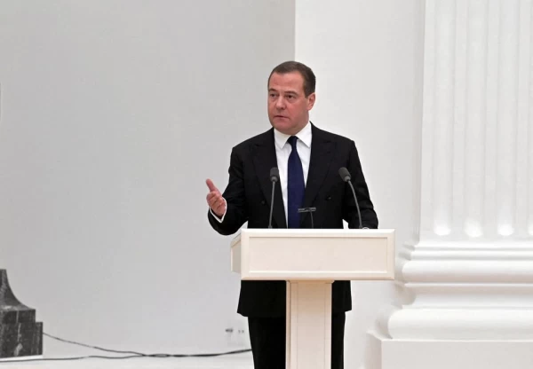 Deputy Chairman of Russia's Security Council Dmitry Medvedev delivers a speech during a meeting with members of the Security Council in Moscow, Russia February 21, 2022. Sputnik/Alexey Nikolsky/Kremlin - pics/2022/04/59159_001_t.webp