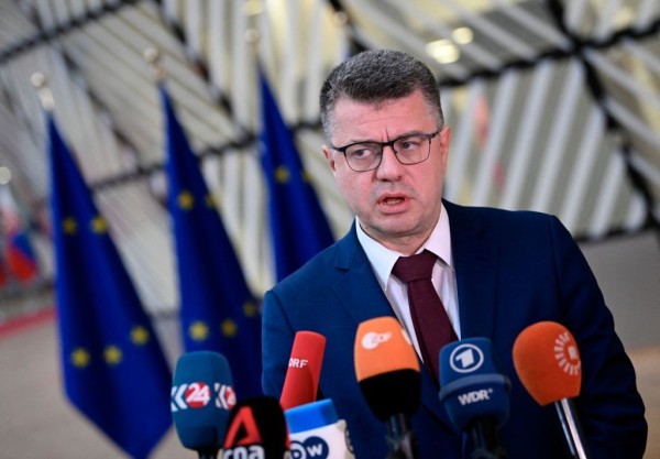 Estonian Foreign Minister Urmas Reinsalu talks to the press during an EU foreign ministers meeting in Brussels on Jan. 23, 2023. (Photo by John Thys/AFP via Getty Images) - pics/2023/04/60143_001_t.jpg