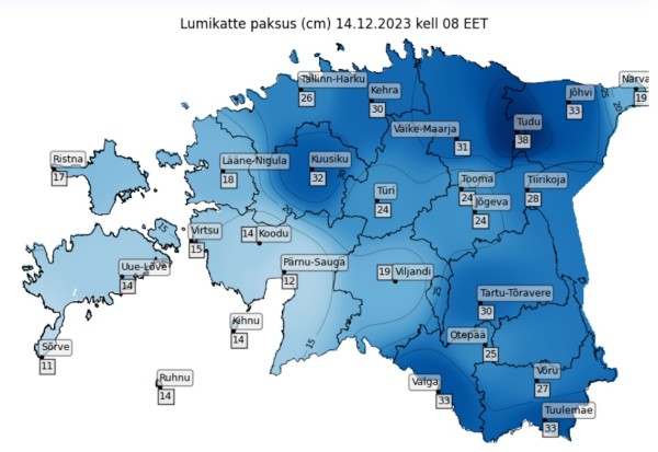 14. jõulukuu lumekaart. Eesti lumekaardile ilmusid esimesed arvestatavad sentimeetrinäidud kadrilaupäeval, 24. novembril ning iga järgneva päevaga on üle Eesti lund aina juurde mõõdetud. Kaarti uuendatakse internetis igal hommikul kell 8. Esimest sula pärast imelist talvepidu on oodata eeloleval laupäeval ning punased (plussis) numbrid, olgugi et suhteliselt väikesed, figureerivad pühadeni. Oli meeldiv sööst! Lumelembed ootavad järgmist. Kaart: ilmateenistus.ee - pics/2023/12/60702_001_t.jpg