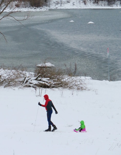 Jääteke merel vajab tuulevaikust. 3. jõulukuul see rahu saabus ning oli huvitav jälgida, kuidas Paljassaare lahe sopis arenes mitmes järgus vee tahenemine jääks. Kõnniteedel, mida Eestis ei sulatata soolaga paljaks, on tavanähtuseks lapsevanemad, kes väikekodanikke kelkudel lasteaeda sõidutavad. Fotol on tabatud kaks ühes: lapsele lust ja isale trenn ühe suusakepi ja kalli koorma tirimisega. Foto: Riina Kindlam - pics/2023/12/60702_003_t.jpg