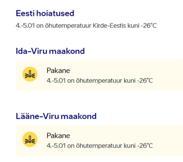 Käre pakane püsib Põhjamaades ja Eestis. Virumaal kehtivad antud lehe ilmumise päeval veel külmahoiatused. Graafik: ilmateenistus.ee - pics/2024/01/60750_001_t.jpg